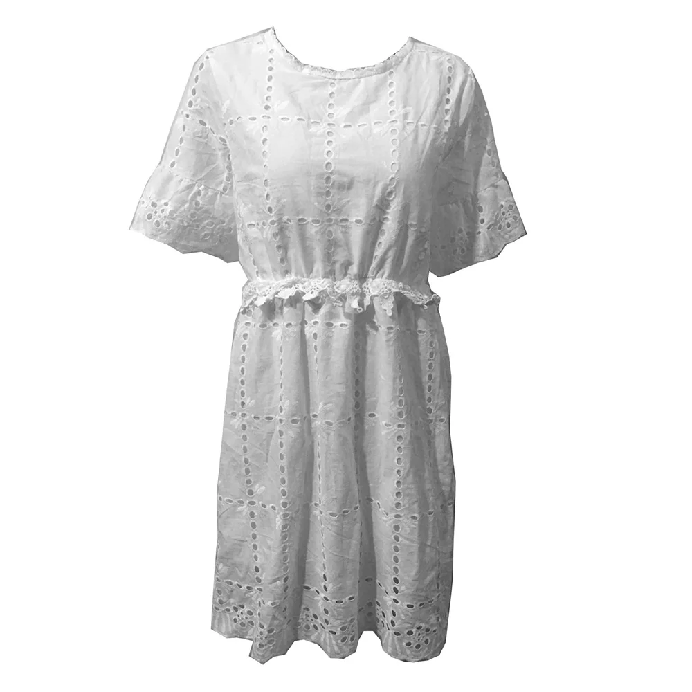 Женское Хлопковое платье с высокой талией белое повседневное офисное оборками и
