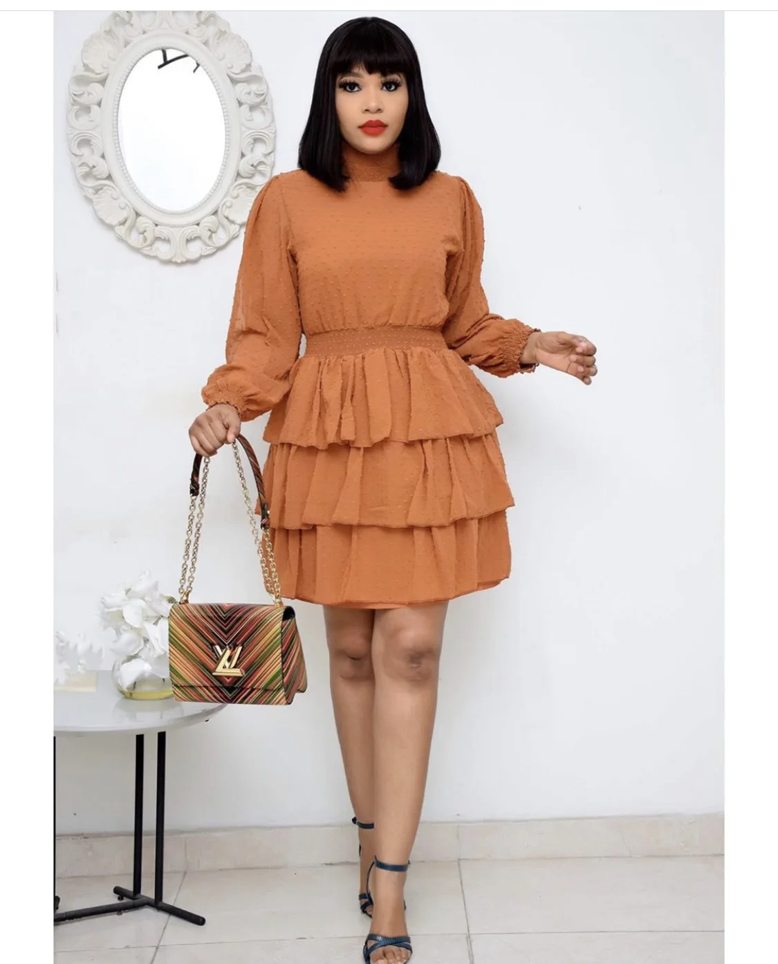 

2021 Spring and Summer African Women Long Sleeve O-neck Mini Dress African Clothes for Women African Dresses