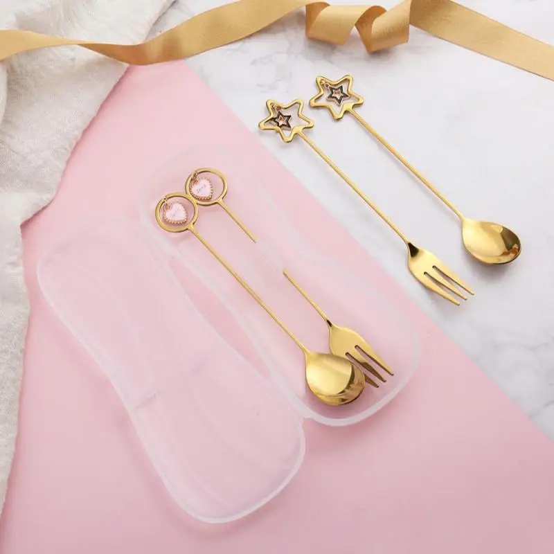

2pcs/set Stainless Steel Coffee Spoon/fork Watermelon Ice Cream Spoon Tea Spoon Dessert Fork With Pendant Creative Tableware