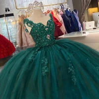 2022 emerald green quinceanera dresses luxury crystal ball gown vintage tulle lace appliques pageant sweet 15 prom dress lady