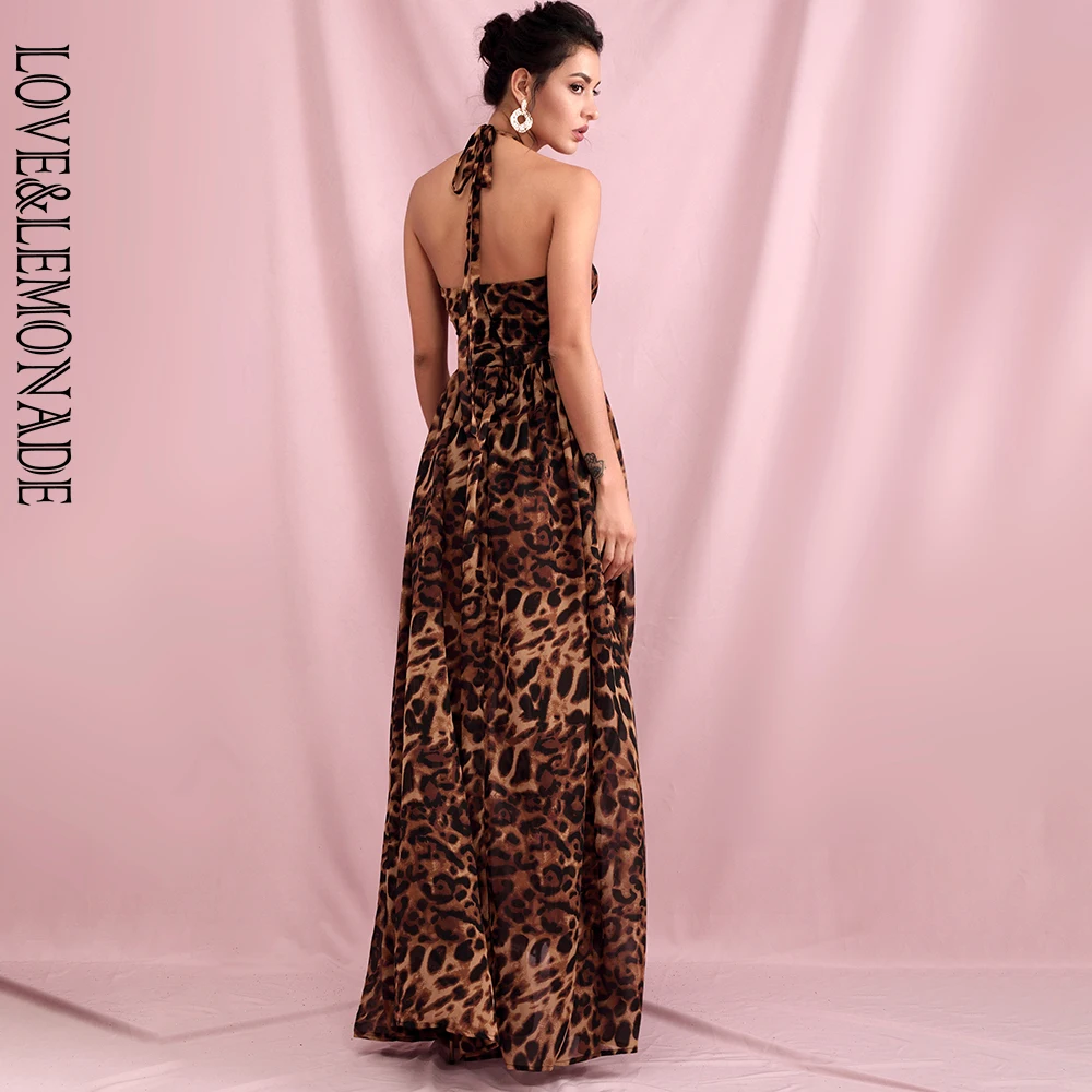 

LOVE & LEMONADE Sexy Tube Top Cut Out Cross Straps High Waist Leopard Chiffon Whit Split Beach Summer Maxi Dress LM81811-3