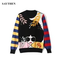 saythen winter new contrast striped sleeve embroidery leaves beaded sequins sunglasses girls knit sweater jumper tops for women