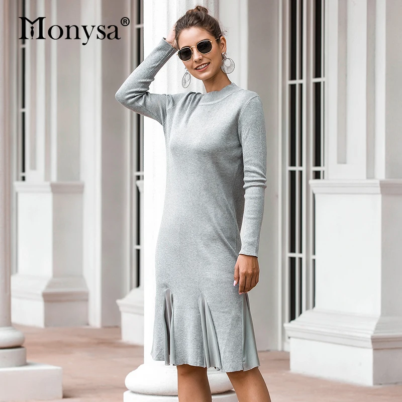 Женское трикотажное платье с длинным рукавом серое повседневное свободное до