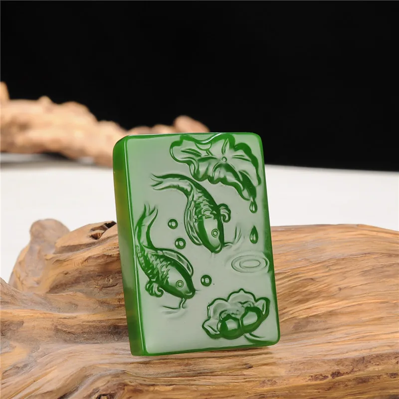 Natural Green Jade Carp Lotus Pendant Necklace Chinese Hand-carved Charm Jadeite Jewelry Fashion Amulet Gifts for Men Women | Украшения и