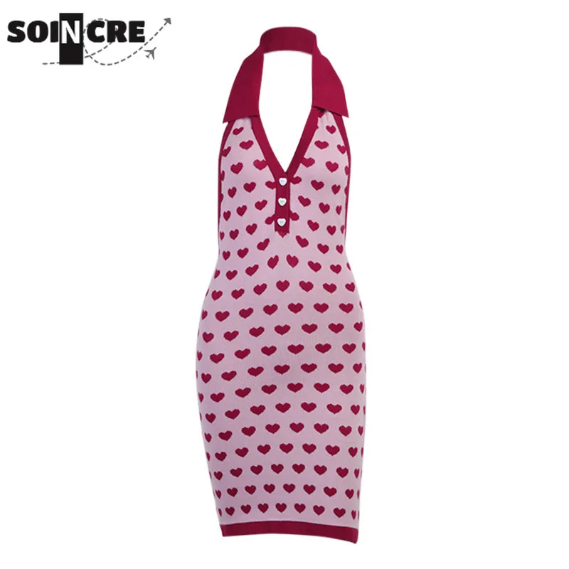 

SOINCRE 2021 Women's Dress New Fresh and Lovely Love Button Printing Polka Dot Love Woolen Polo Collar Sleeveless backless Dress