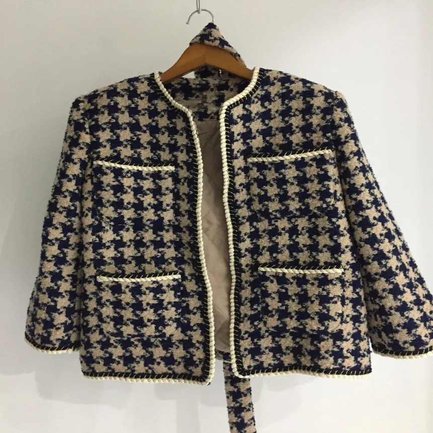

French style Houndstooth tweed woolen jacket women o-neck winter belted loose short jacket