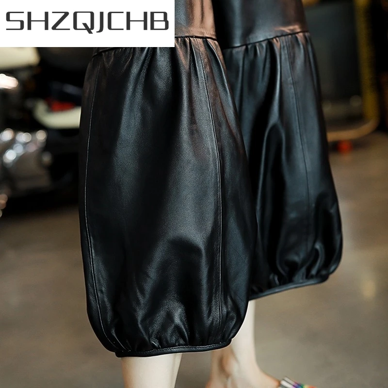 

JCHB 2021 New Women Loose Fit Casual Sheepskin Genuine Leather Wide Leg Pants Harajuku Fashion Pocket Ankle Length Real Leather