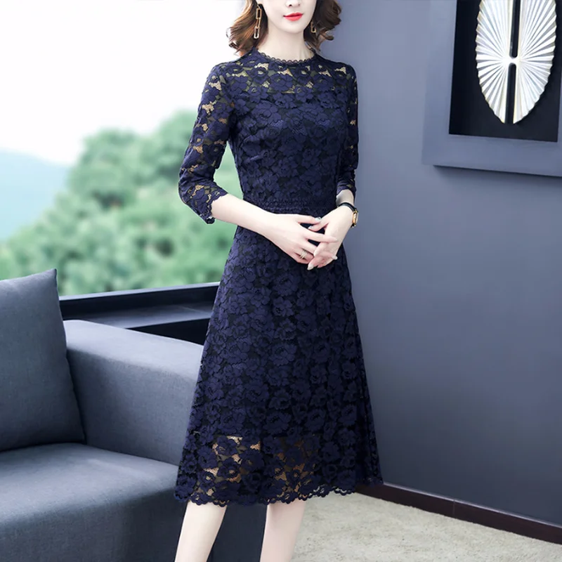 Elegant Casual Blue Lace Office Lady Midi Dresses 2023 Spring Autumn Vintage Dresses Women Bodycon Party Evening Vestidos