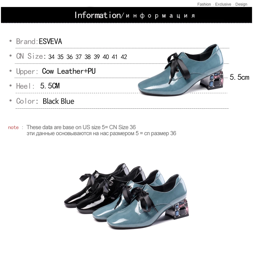 

ESVEVA 2020 Women Shoes Square Med Heel PU+Patent Leather Lace Up Woman Square Toe Shoes Winter Autumn Fashion Size 34-42