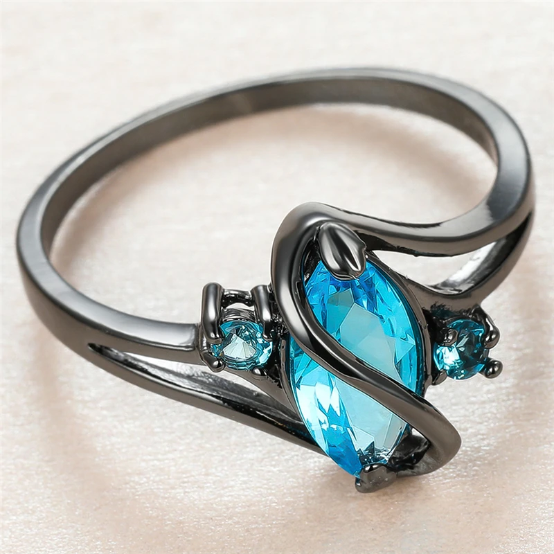 

Luxury Female Aqua Blue Crystal Ring Charm 14KT Black Gold Thin Wedding Rings For Women Cute Bride Leaf Zircon Engagement Ring