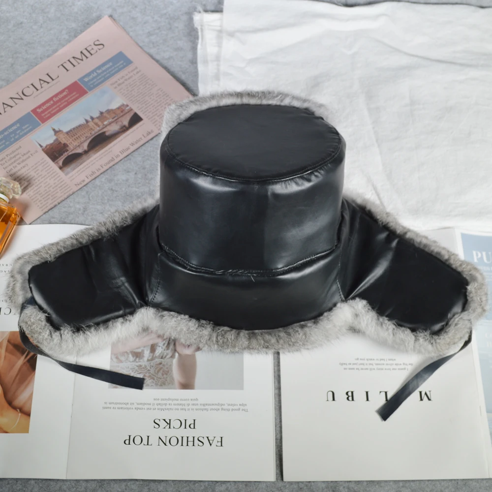 Шапка-ушанка мужская из натурального кроличьего меха ветрозащитная теплая