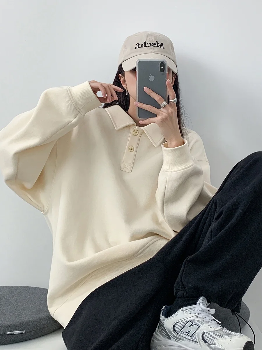 

Hoodies Women Spring and Autumn Polo Collar Sweater Women's Loose Style Lapel Pullover Long Sleeve Casual Coat