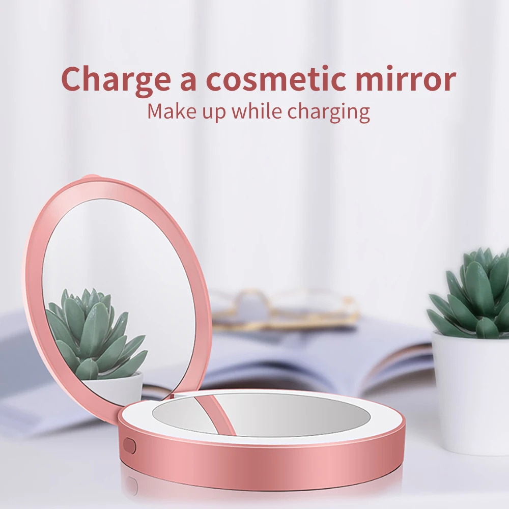 

USB Chargeable Makeup Mirror Hand Held Fold Portable LED Mini Makeup Mirror 3X Magnify Round Built-In Battery Makeup Mirror