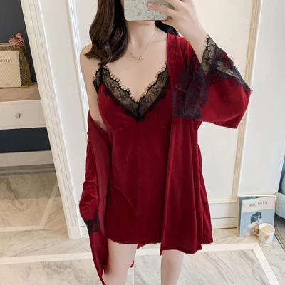 wine red set Fiklyc Нижнее белье женские зимние из двух частей ночная рубашка без рукавов+ халаты с открытой спиной мягкий нагрудный халат и платье наборы Бархат - Цвет: wine red set
