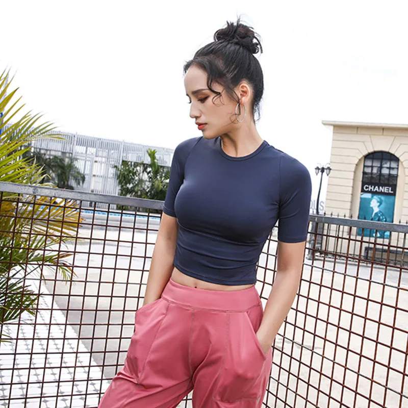 Navy Blue Топ для йоги, спортивный женский топ для фитнеса, спортивные футболки, топы для тренировок для женщин, спортивный топ для спортзала, футболка для йоги, рубашка - Цвет: Navy Blue