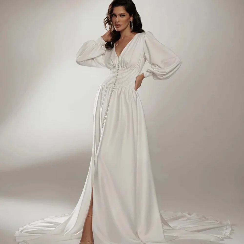 

Simple Bohemian Wedding Dresses Deep V Neck Long Sleeve Boho Wedding Gowns Front Slit Bridal Vestidos De Novia