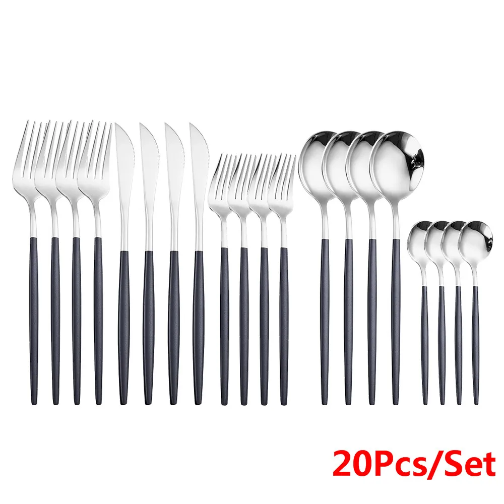 

Black Silverware Stainless Steel Cutlery Set 20 Piece Forks Knives Spoons Kitchen Dinner Set Dessert Fork Gold Dinnerware Set
