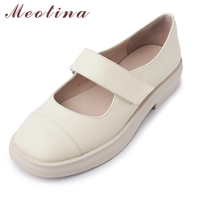 

Meotina Genuine Leather Women Mary Janes Shoes Thick Med Heels Platform Pumps Round Toe Hook Ladies Footwear Autumn Beige 40