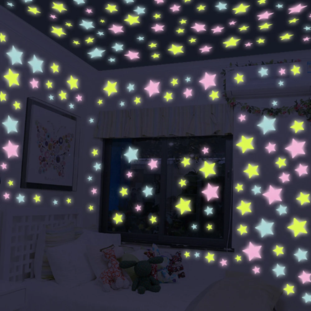 

100 Pces 3D Stars Glow in the Dark Fluorescent Plastic Wall Stickers Household Dormitory Decor Decals Floral Wallpaper Decor