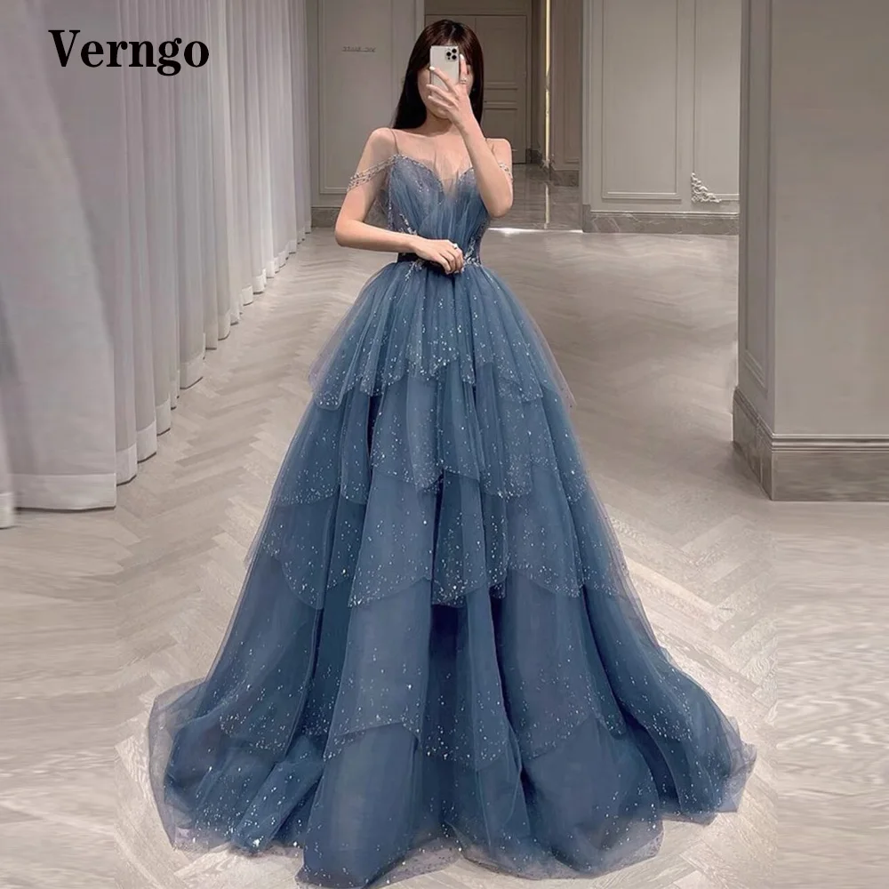 Verngo 2021 блестящая пыльно-синяя Тюлевая многослойная юбка платья на тонких