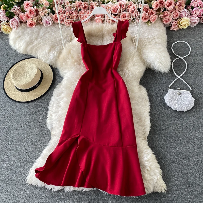 

KUSAHIKI 2021 Spring Elegant Ruffle Sling Dress Korean Slim Waist Mermaid Dresses Sleeveless Fashion Split Vestidos Mujer 6F554