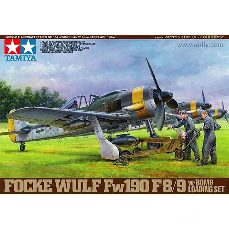 

Tamiya 61104 1/48 Model Kit Luftwaffe Focke-Wulf Fw190 F-8/9 w/Bomb Loading Set Display Toy Plastic Assembly Building Model Kit