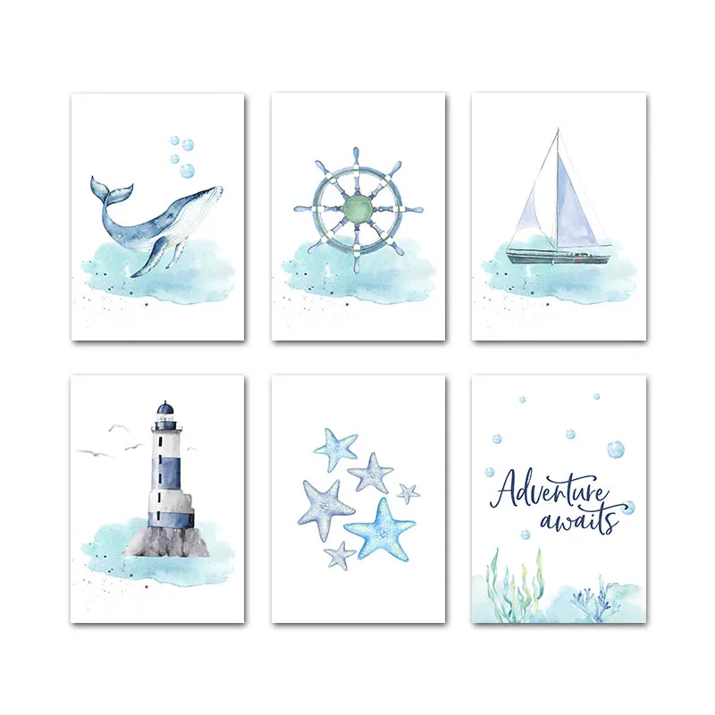 6 pcs Set Морской детский плакат, Кит, корабль, холст, настенное искусство, принт, живопись, Скандинавское детское украшение, картина, декор для детской спальни - Цвет: 6 pcs Set
