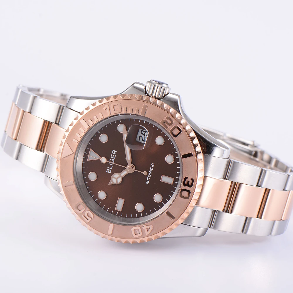 Мужские автоматические механические часы BLIGER 40 мм с циферблатом кофейного цвета