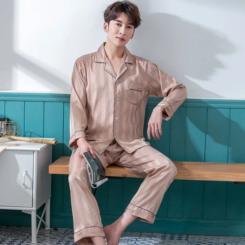 Summer Mens Satin Pyjamas Set Home Clothes 2PCS Pojama Long Sleeve Men's Sleepwear PJ With Button Thin Solid Loungewear Pajamas