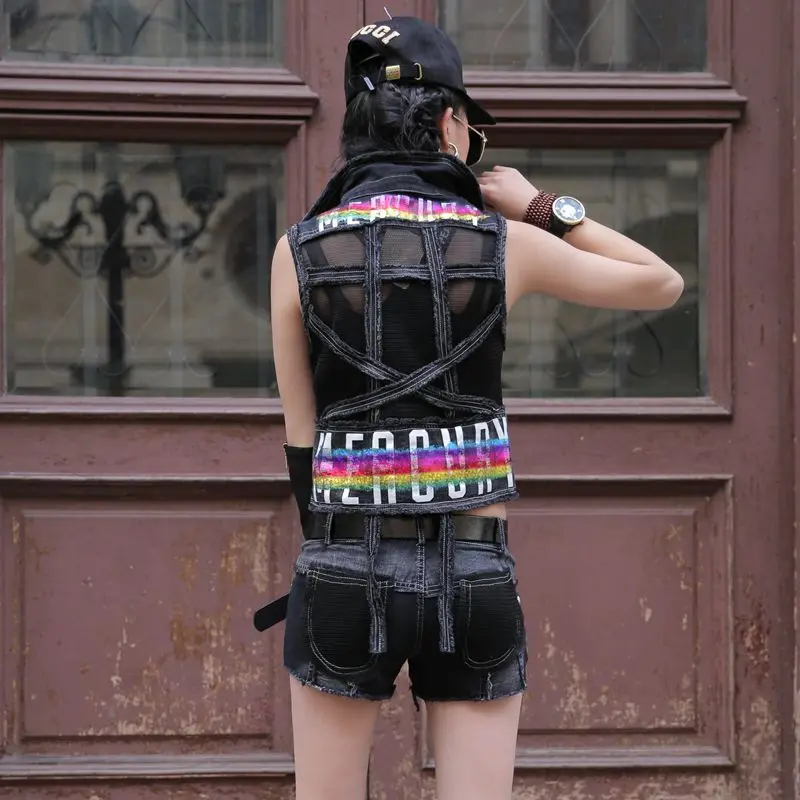 Высокое качество женский жилет без рукавов в стиле панк Хит шорты 2 шт. джинсовый