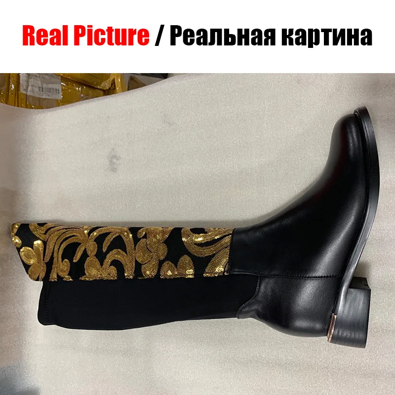 SARAIRIS New Fashion Genuine Leather Bling Zip Increasing Wide Low Heels Shoes Woman Casual Party Winter Spring Knee High Boots