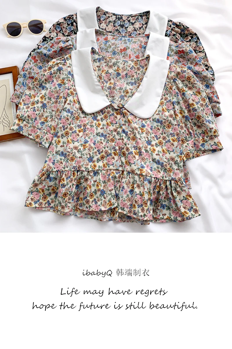 

2021 Summer New Sweet All-match Doll Collar Stitching Floral Lotus Leaf Hem Chiffon Shirt Shirt Top Women