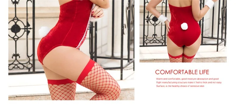 

Red christmas Sexy Lingerie Seduction Plush Jumpsuit Bunny Girl Uniform Lingerie Erotic Cosplay Porno Costume Temptation Female