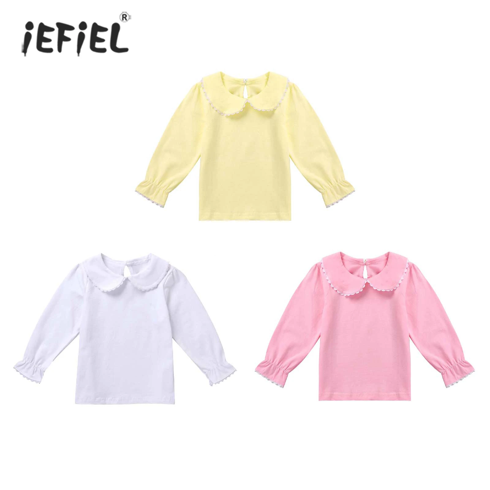 

Детские рубашки для девочек, осенняя однотонная расклешенная блузка с длинными рукавами и кукольным воротником, рубашки, весенняя одежда, б...