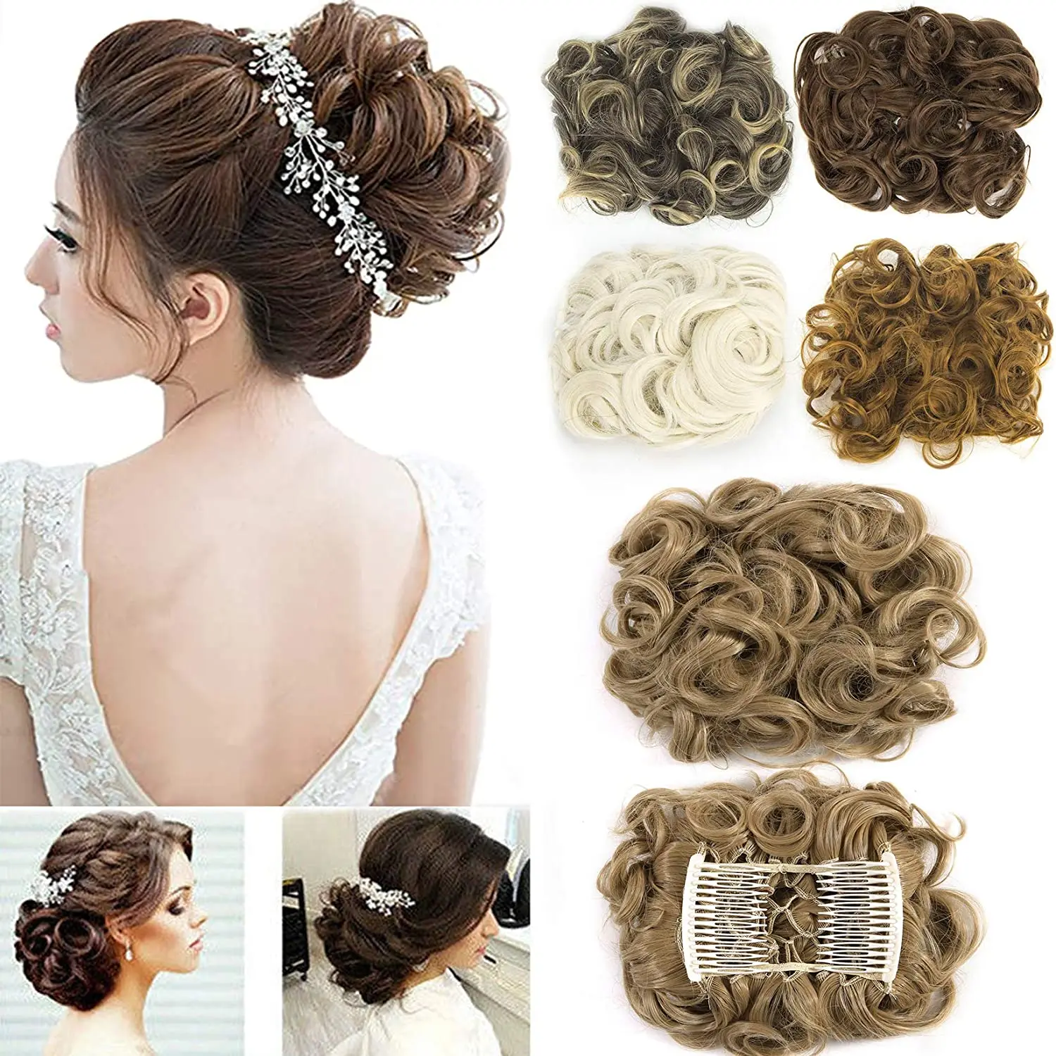 

Curly Chignon Messy Bun Updo Clip in Hair Piece Extensions Wiht Hairpins Elastic Band Synthetic Hair Bun Black Blonde