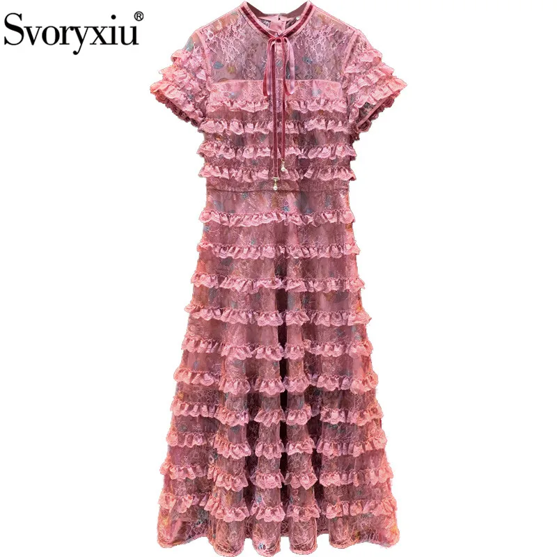 

Svoryxiu 2020 Elegant Runway Summer Dress Women's Short Sleeve Flower Print Tiered Ruffles Lace Cake Vintage Dresses Vestdios