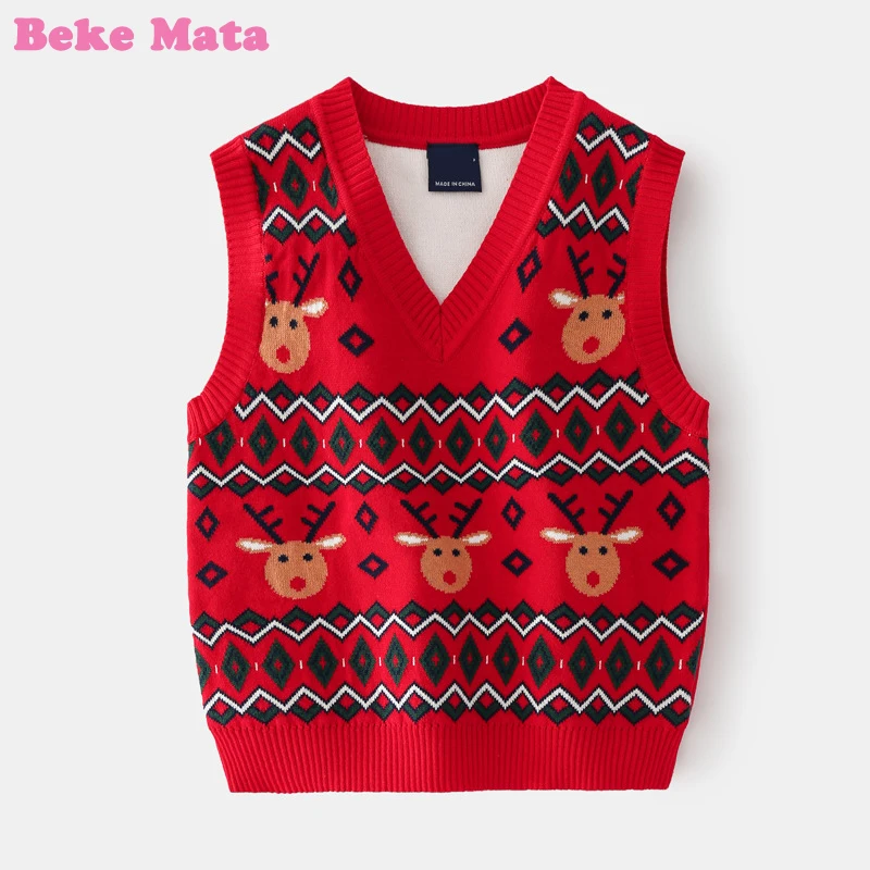 Christmas Vest For Boy 2022 Spring Double Layer Knitted Kids Boys Sweater Sleeveless Little Child Tops Children Clothing 3-9Year