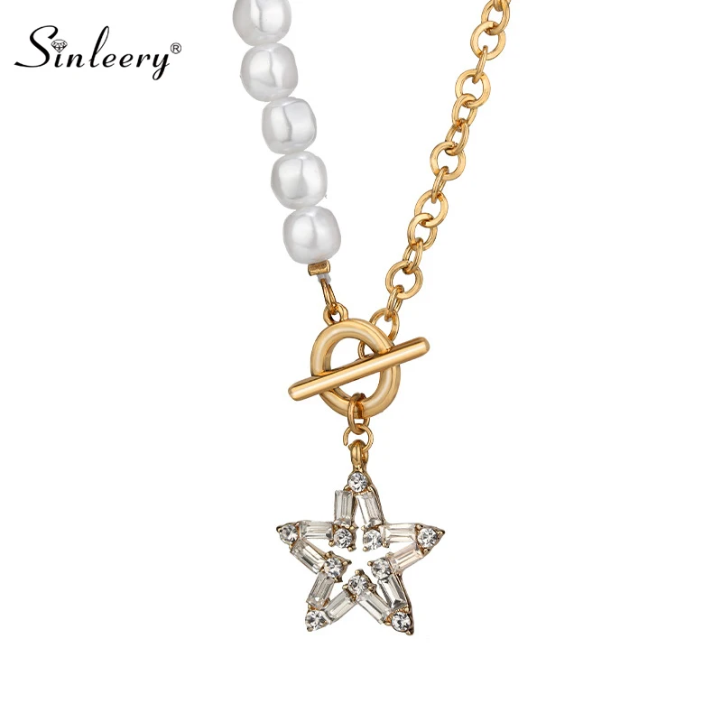 

Цепочка SINLEERY в Корейском стиле из нержавеющей стали, жемчужное ожерелье со звездой и шеей, женская бижутерия для вечеринки XL346 SSP