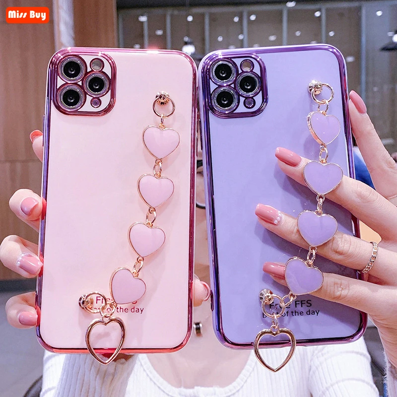 

6D Plating Love Heart Chain Case For Xiaomi Redmi Note 11 Pro 5g MI 10S Mi 11t Mi 11 Ultra Redmi 10 Mi Mix 4 POCO M3 X3 Cover