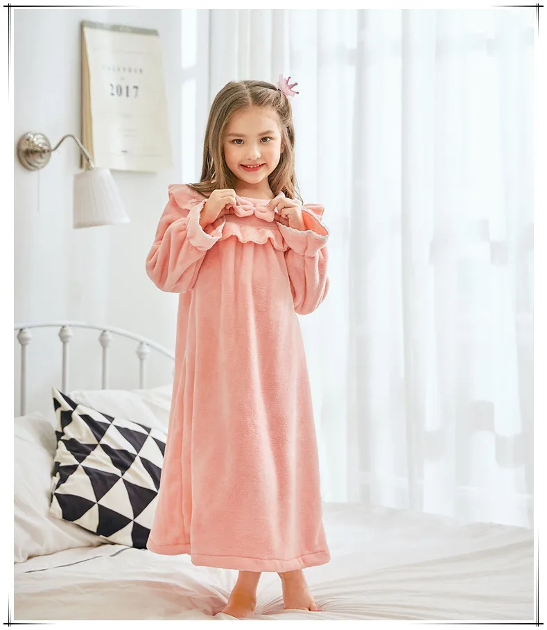 

Girls Long Nightgown Autumn Winter Double-Sided Coral Flannel Fade Shed Girls Sleep Dress