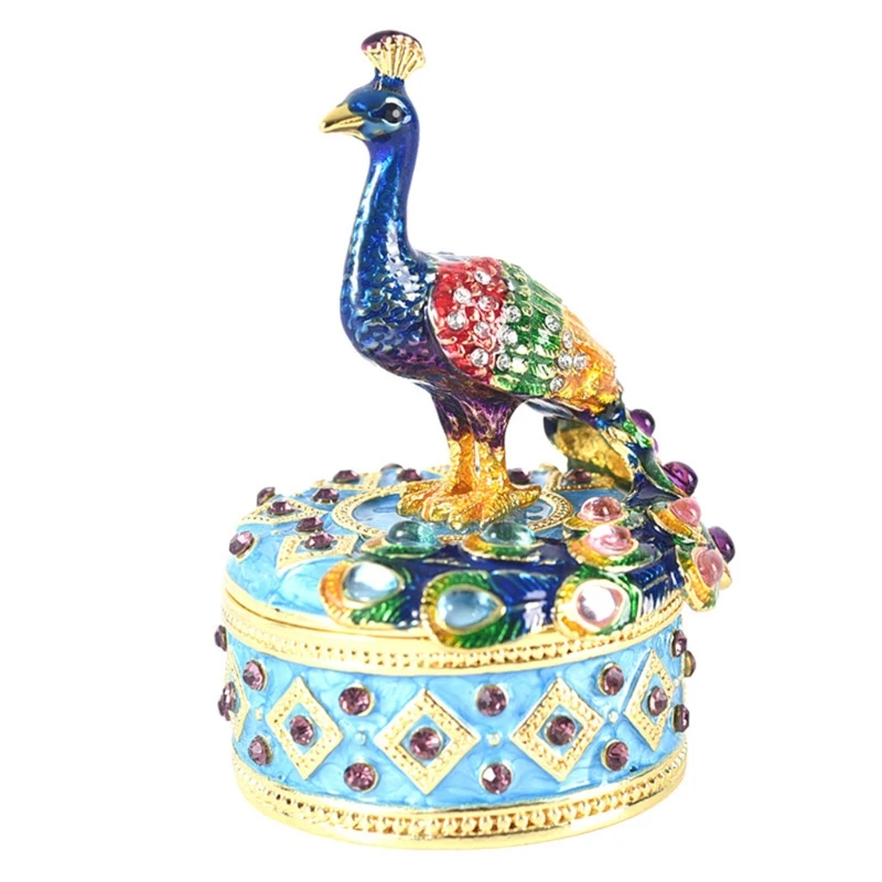 

2022 New Trinket Box Peacock Figurine Crystals Feathers Jewelry Ring Holder Hinged Hand-Painted Unique Gift for Home Décor