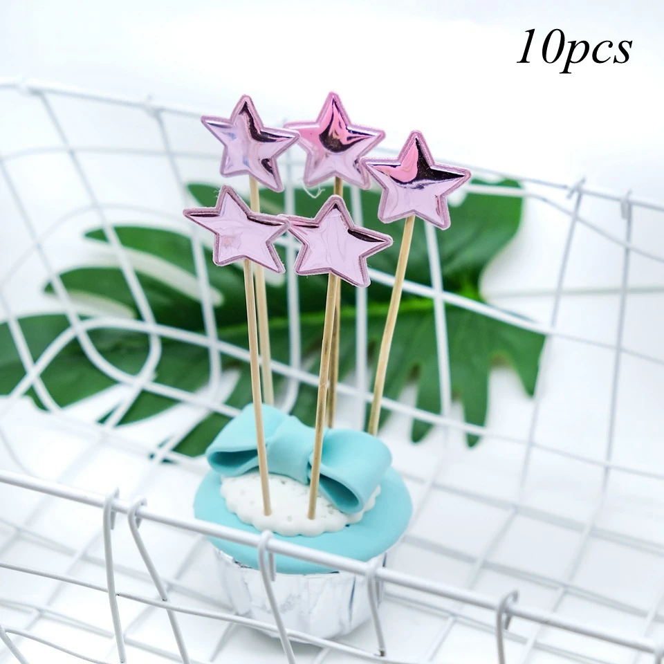 Pink star 10 шт./лот Блестящий Топпер для торта звезды и сердце и корона детский душ декор для дня рождения Свадебный декор кекса топперы - Цвет: Pink star