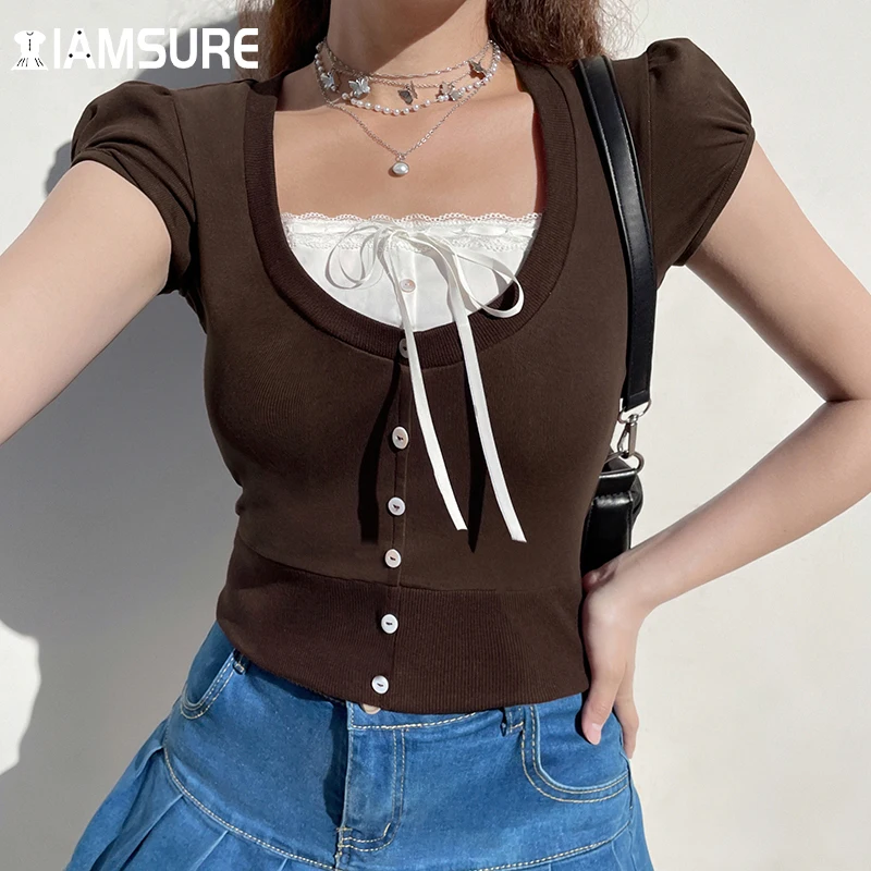 

Женская Винтажная Футболка IAMSURE в стиле пэчворк с кружевной отделкой, лето-весна 2021, футболки с квадратным воротником и коротким пышным рука...