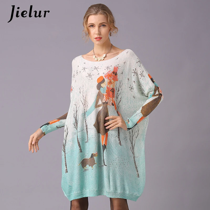 Jielur водолазка свитер для женщин мультфильм печатных с длинным рукавом джемпер
