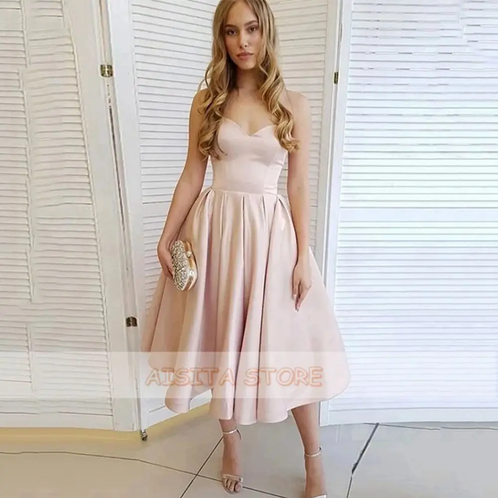 

Elegant Pink Short A Line Prom Dresses Spaghetti Straps Sweetheart Sleeveless Tea-Length Formal Evening Party Gowns Custom