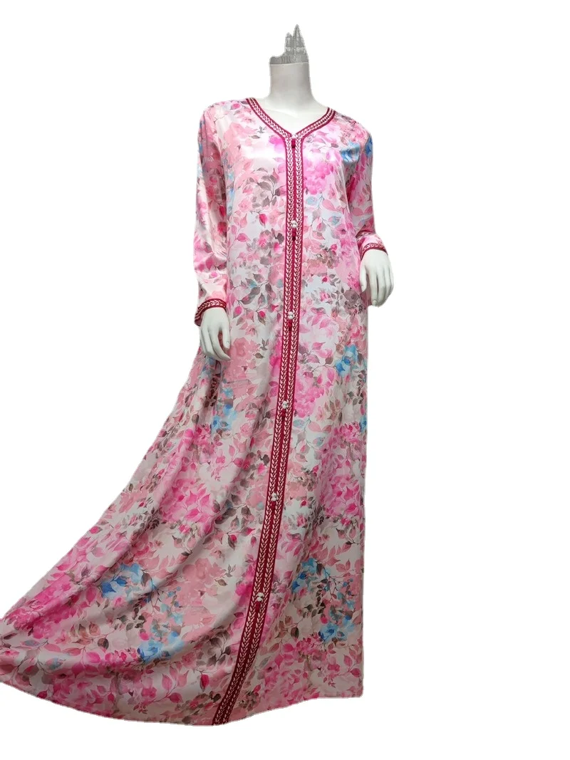 

Pink Floral Maxi Dress for Women Ethnic Ribbon V Neck Dubai Turkey Arabic Oman Moroccan Caftan Muslim Clothes 2021 New
