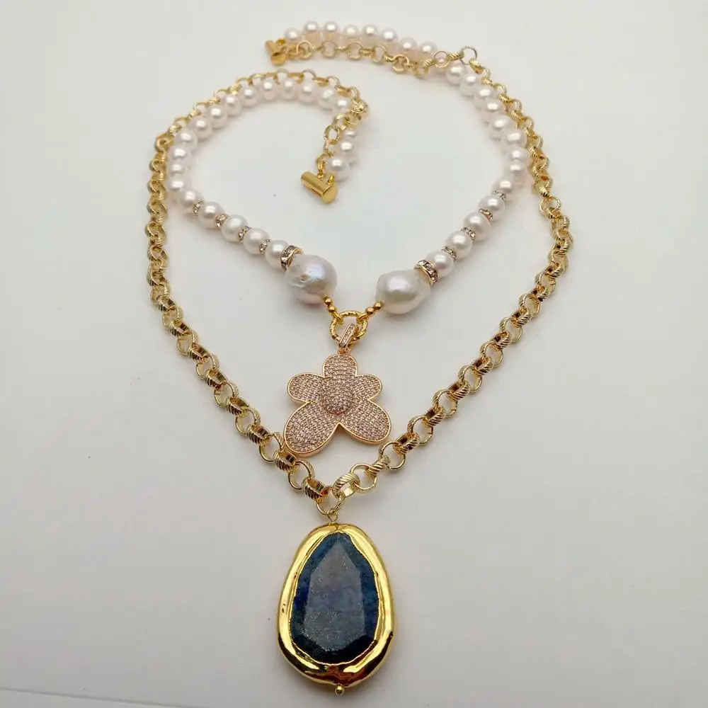 

Valentine's Day gift natural Freshwater White potato Pearl blue stone pendant gold color plated Chain Necklace 18"