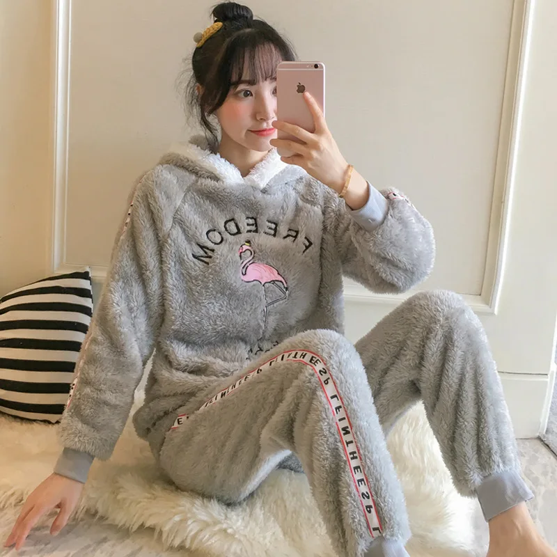 

XIFER Flannel Pajamas Autumn and Winter Thickening Plus Velvet Sweet and Cute Students Wear Coral Velvet Suits Women Pajama Set