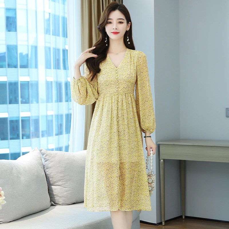 

Женское шифоновое платье-миди с длинным рукавом-фонариком и V-образным вырезом