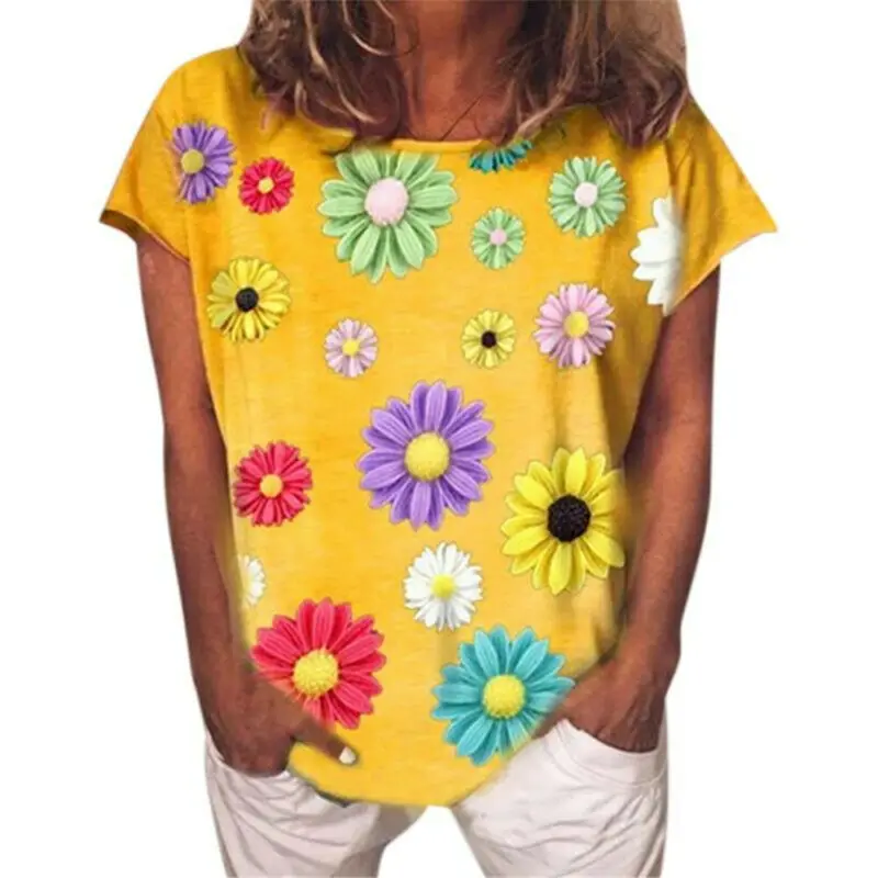 

Womens Chrysanthemum Printed Short Sleeve T-Shirt Summer Casual Tops Tee Blouse